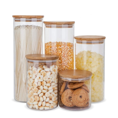 Glass Food Storage Containers, Food Jars with Bamboo Wooden Lids - Set