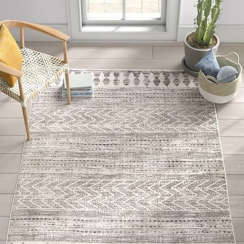 6.6-ft. x 9-ft. Grey Ivory Chevron Stripe Geometric Boho Style Area
